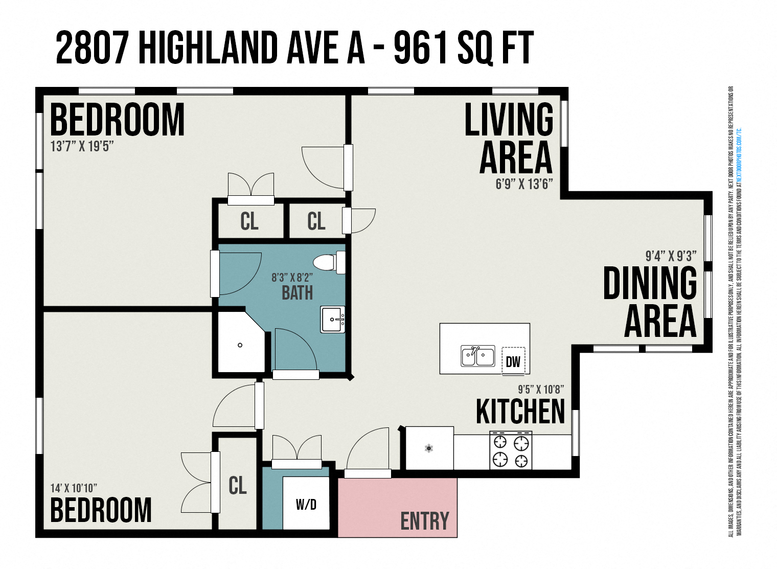 Floor plan for 2 beds, 1 bath, 1000 sqft